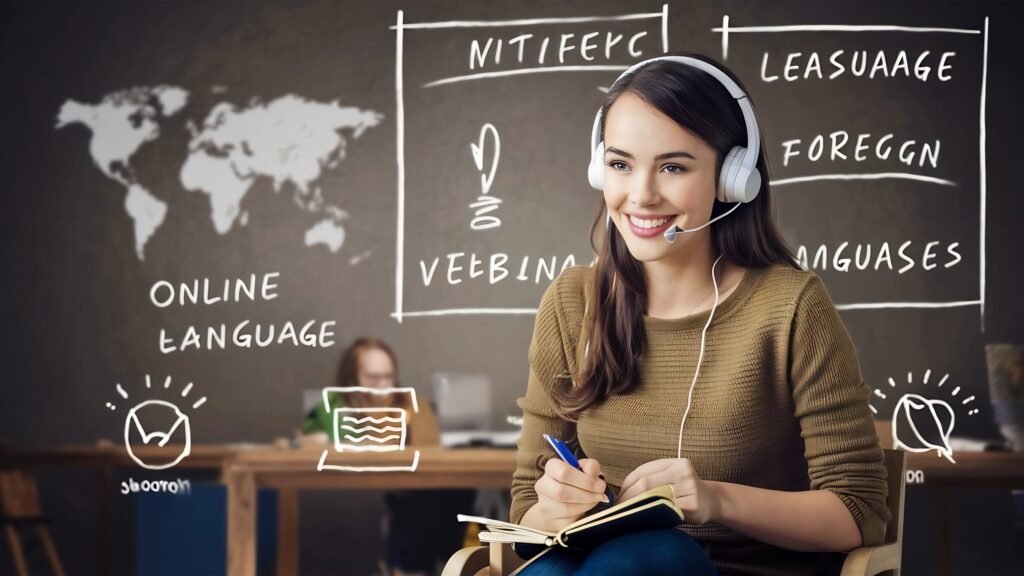 casual young smiling smart woman student headphones satisfied with learning foreign language