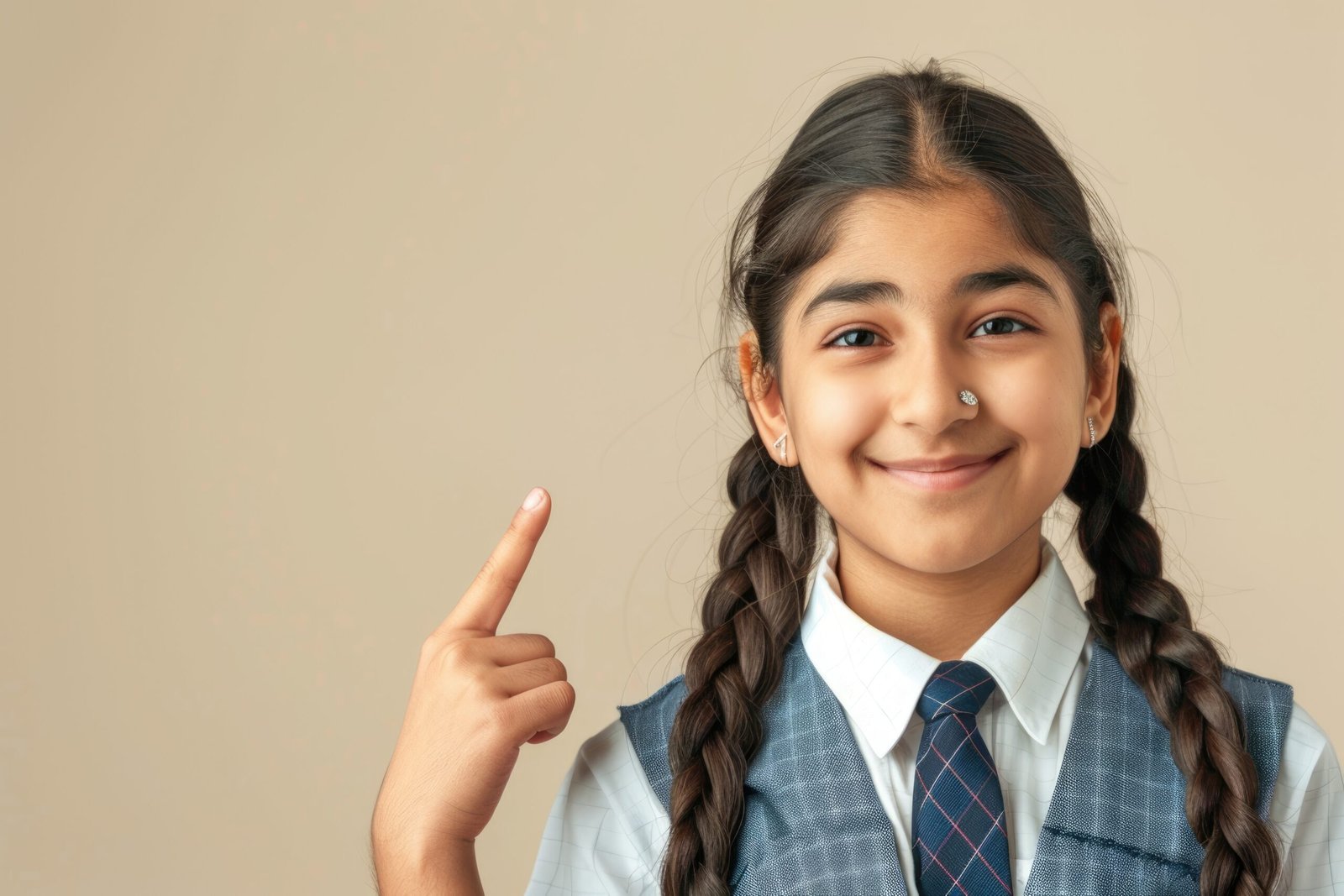 indian schoolgirl uniform pointing blank space advertisement