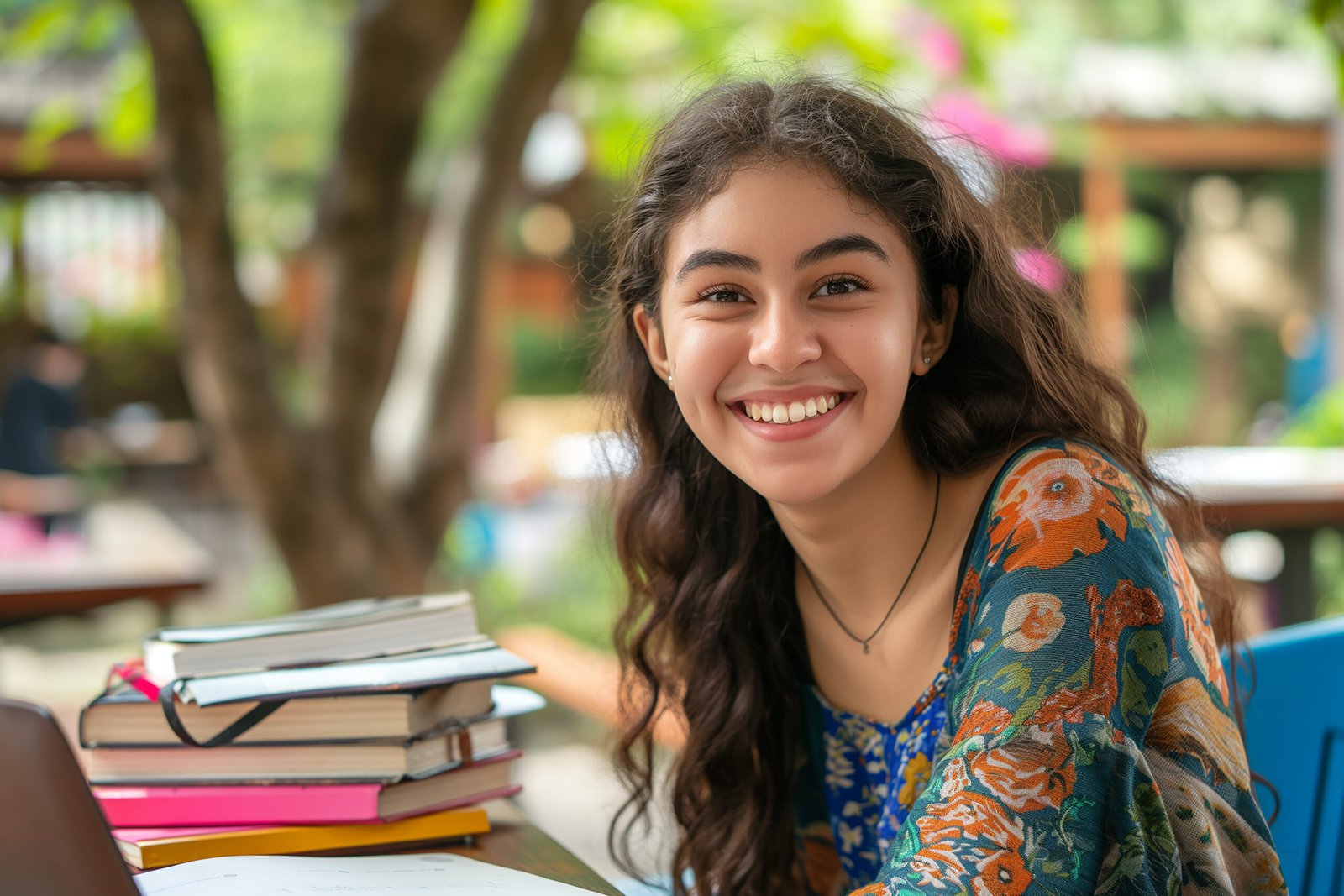 smiling college girl studying outdoors campus