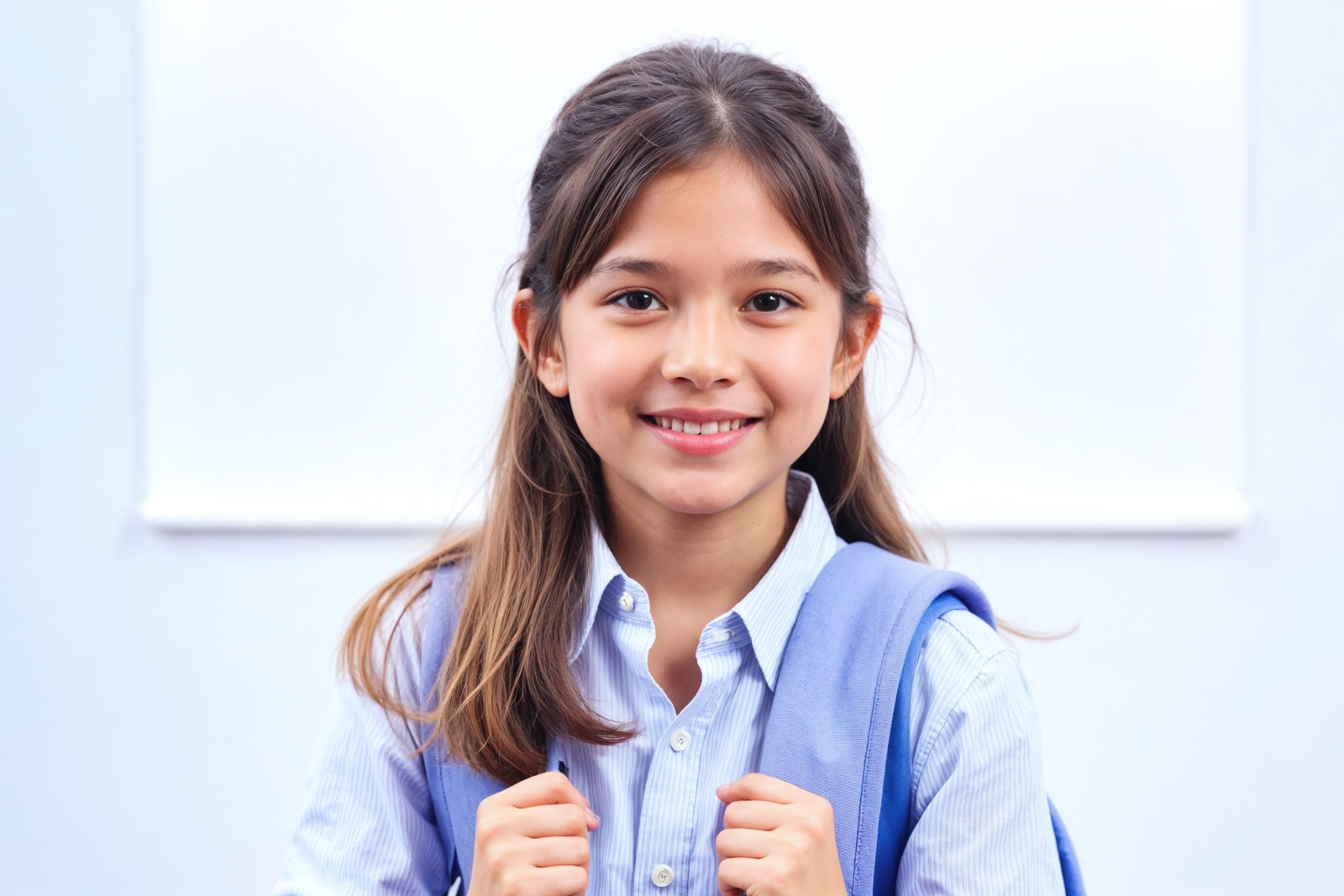 smiling girl with school backpack front whiteboard