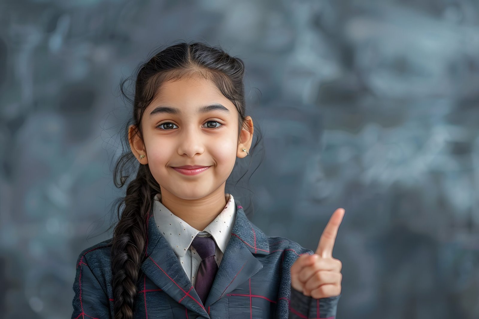 smiling schoolgirl with braid pointing up wearing school uniform gray background, confident student back to school education concept