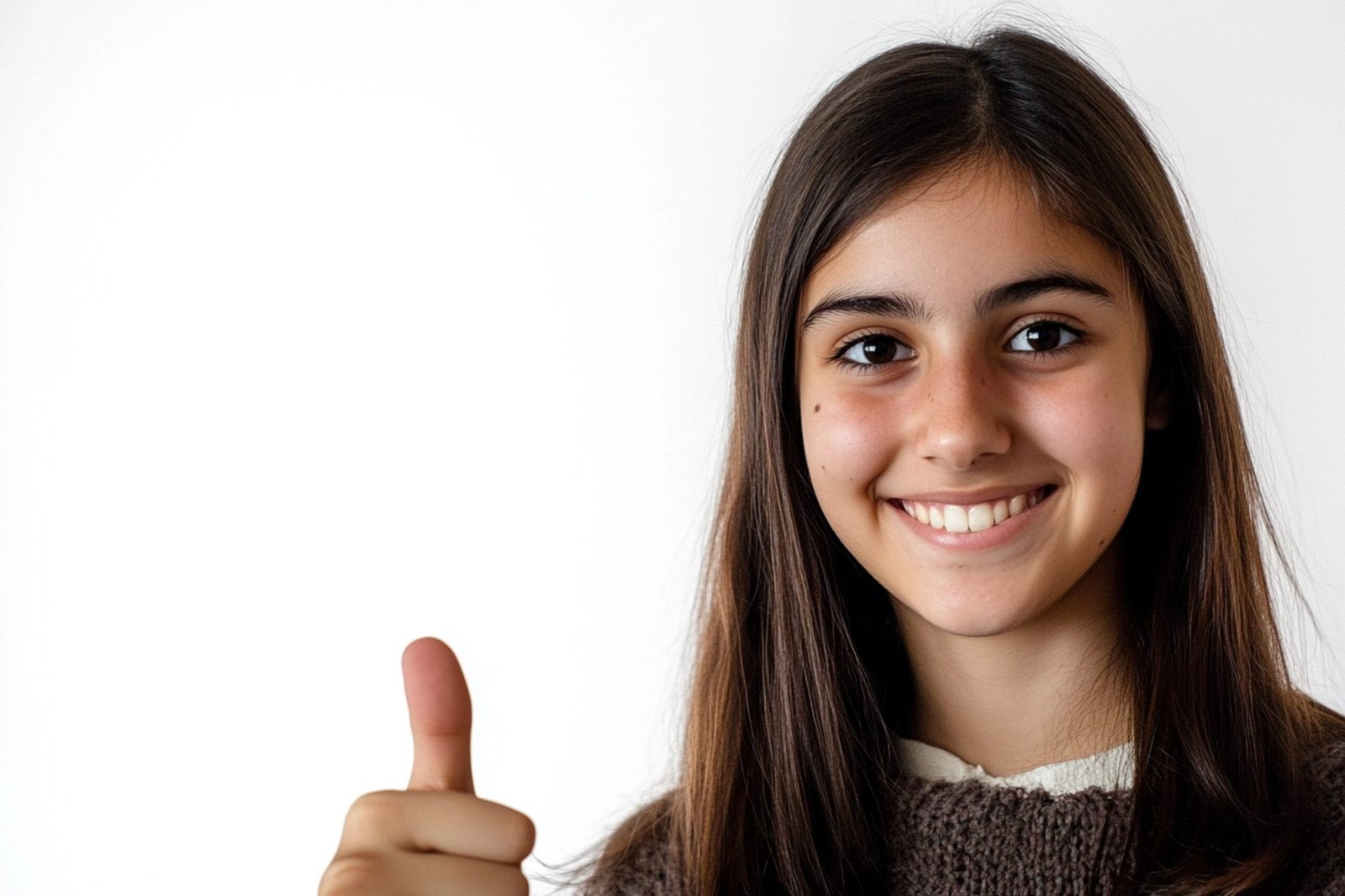 young woman giving thumbs up smiling white b